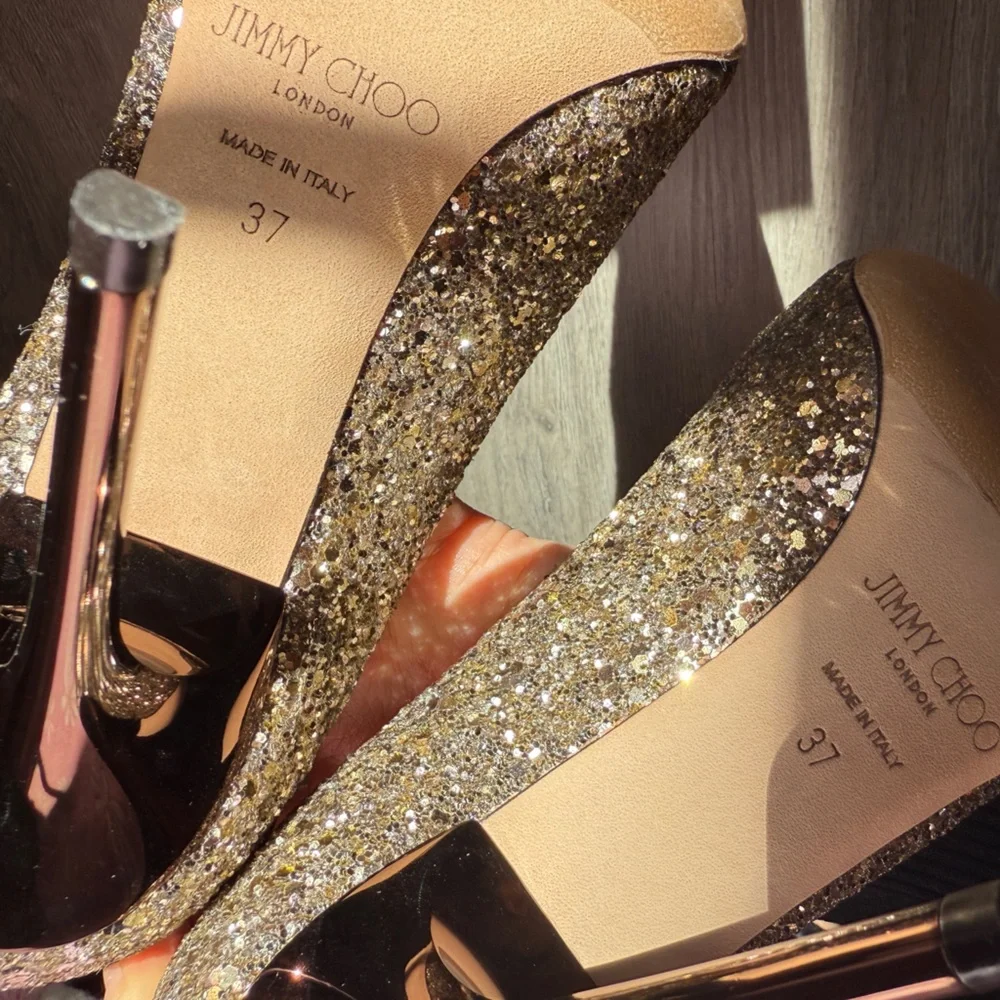 Jimmy Choo Classic Sparkling Glitter Gold Abel Heels - Picture 11 of 12